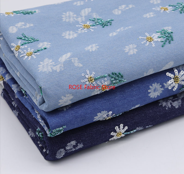 Embroidery Daisy - Daisy Sequin Bead Embroidery Blue Denim