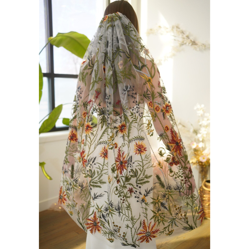 Floral Bridal Wedding Veils Wi - Embroidery Yellow Flower incelemesi ve fiyatı
