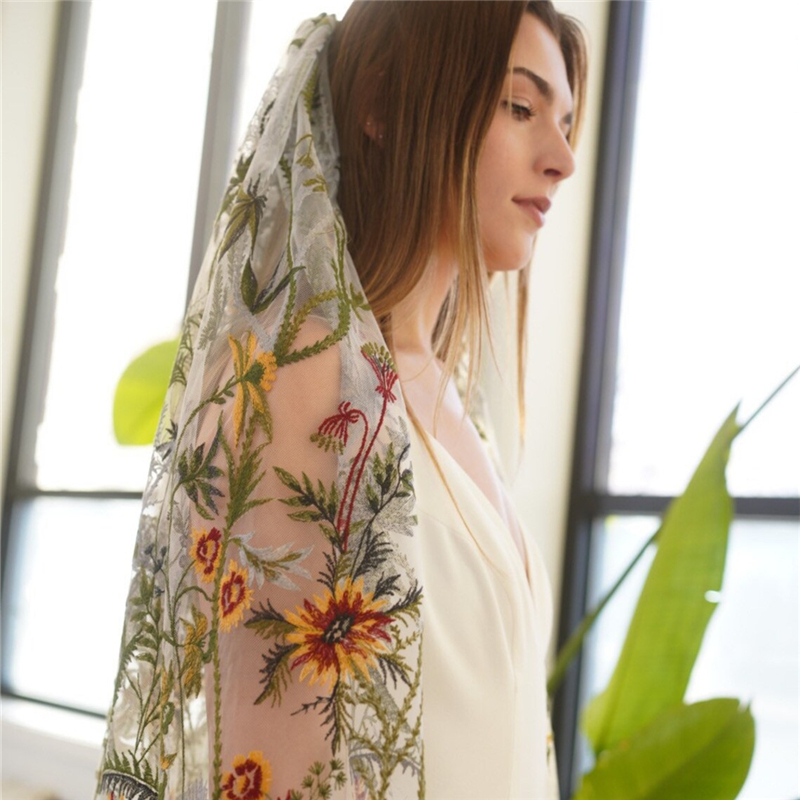 Floral Bridal Wedding Veils Wi - Embroidery Yellow Flower incelemesi ve fiyatı