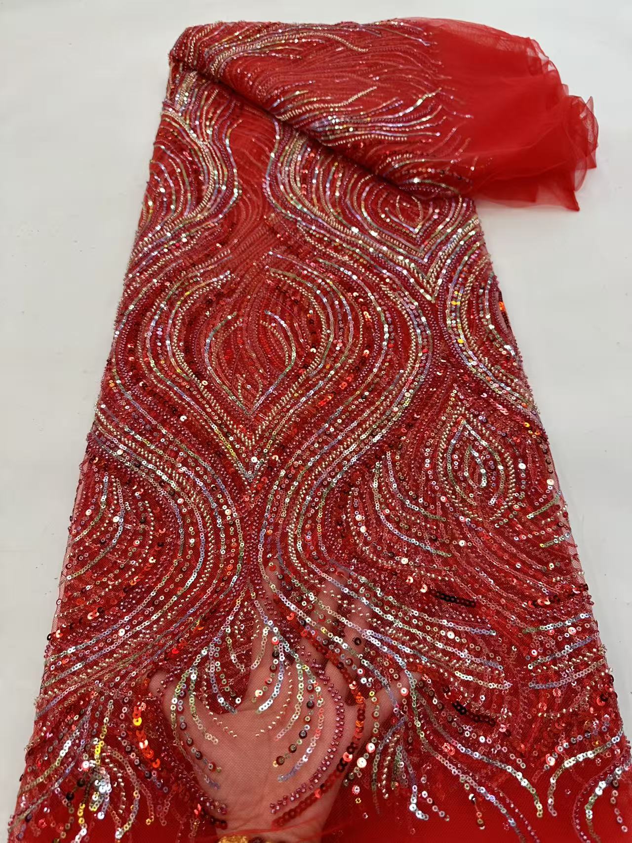 Luxury Red African Beaded Mesh - Embroidery Jersey incelemesi ve fiyatı