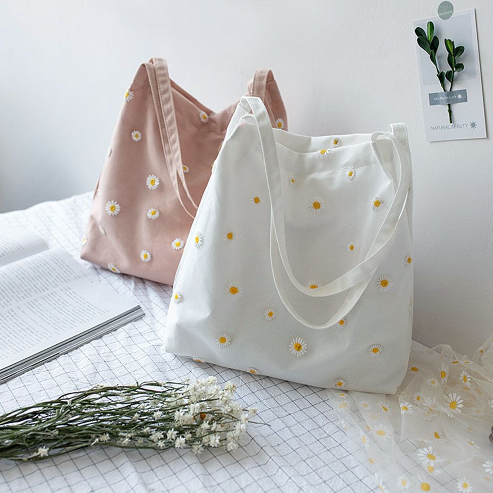 Women Canvas Bags Girls Shoppi - Embroidery Daisy Flower incelemesi ve fiyatı