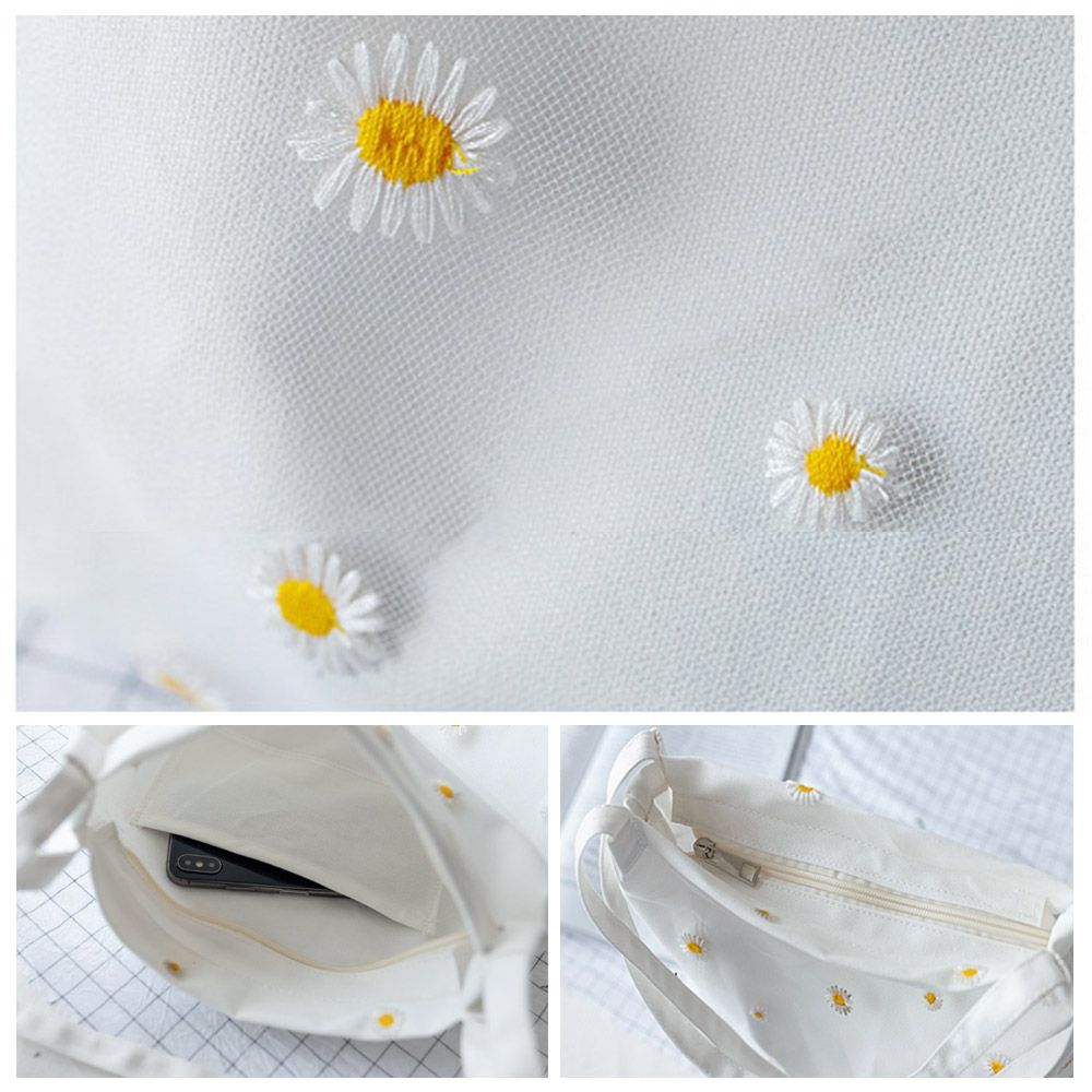 Women Canvas Bags Girls Shoppi - Embroidery Daisy Flower incelemesi ve fiyatı