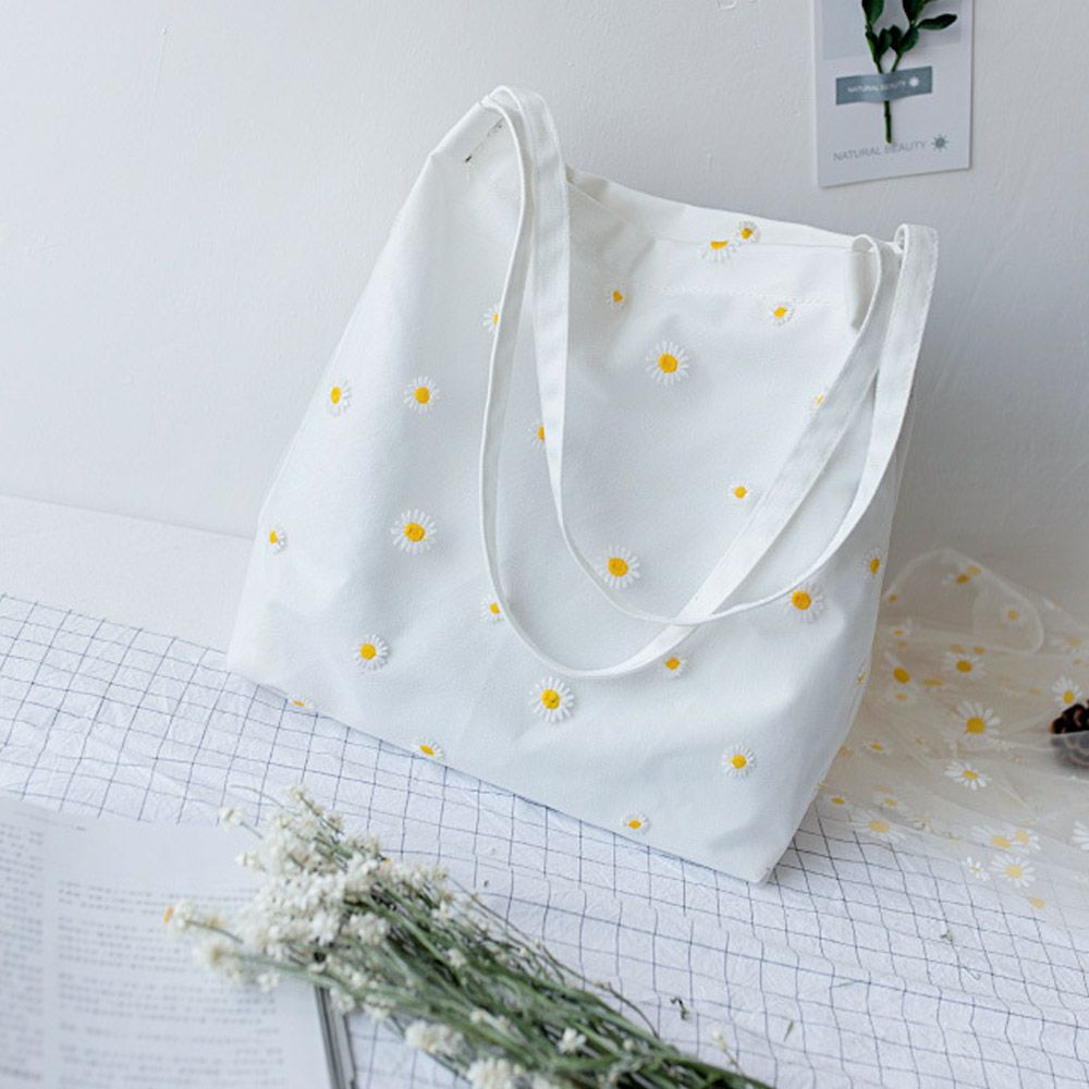 Women Canvas Bags Girls Shoppi - Embroidery Daisy Flower incelemesi ve fiyatı