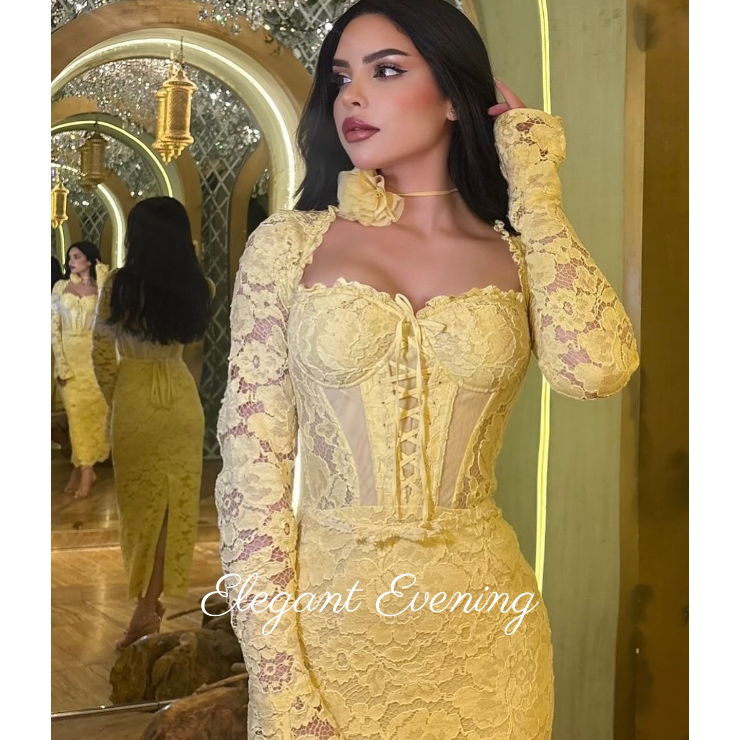 Yellow Lace Prom Dress Mermaid - Embroidery Yellow Flower incelemesi ve fiyatı